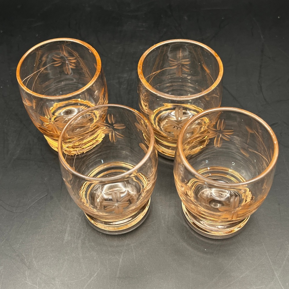 4 Vtg MCM Roly Poly Style Etched Atomic Starburst Peach Pink‎ Shot Glasses 2"